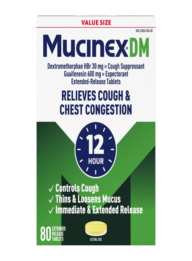 Mucinex DM 12Hr Chest Congestion & Cough Medicine for Adults, Cold and Cough Medicine for Excess Mucus Relief, 600 mg Guaifenesin & 30 mg Dextromethorphan HBr, 80 Bi-Layer Tablets - Image 1